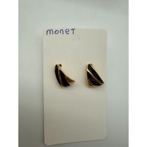 Vintage Classic Monet Pierced Earrings. Half Hoop with Black Enamel